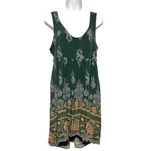 O'Neill Olive Green Paisley Tank Dress Lace Up Back Size Large Beach Coverup